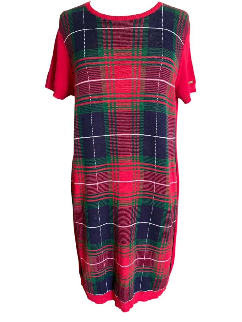 Tommy Hilfiger Red Tartan Plaid Knit Sweater Dress Short Sleeve Holiday Preppy-L